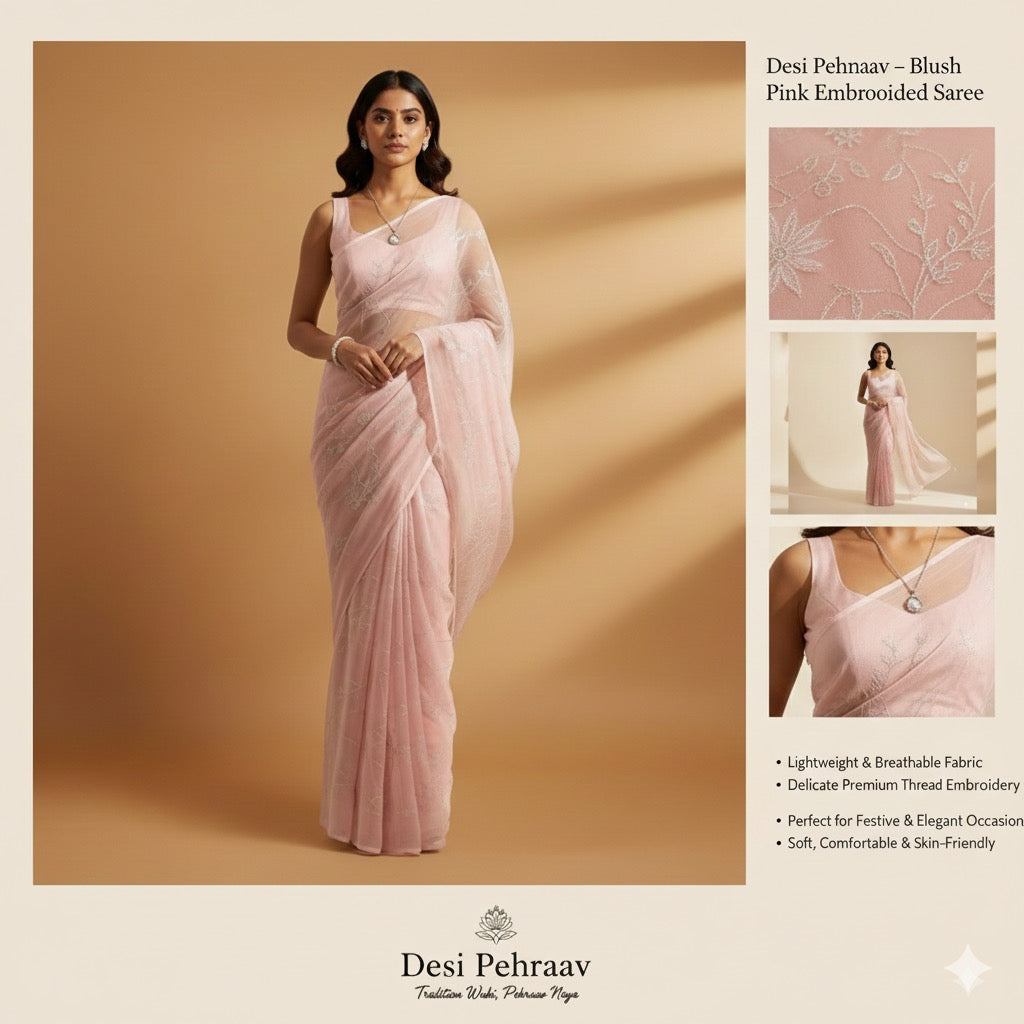 Desi Pehnaav - Blush Pink Embroidered Saree