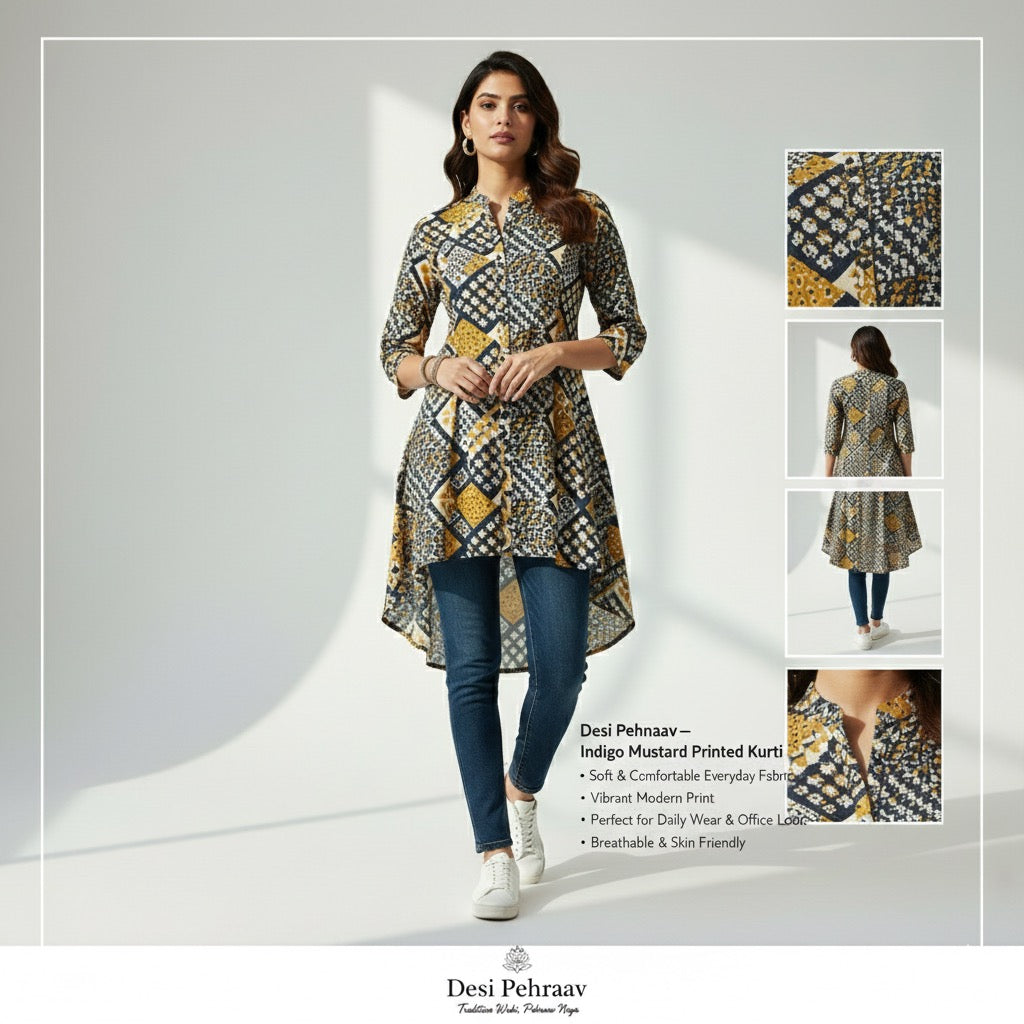 Desi Pehnaav - Indigo Mustard Printed High-Low Kurti