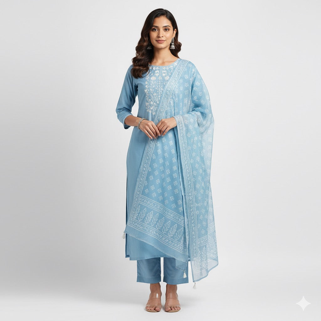 Desi Pehraav - Sky Blue Embroidered Kurta Set