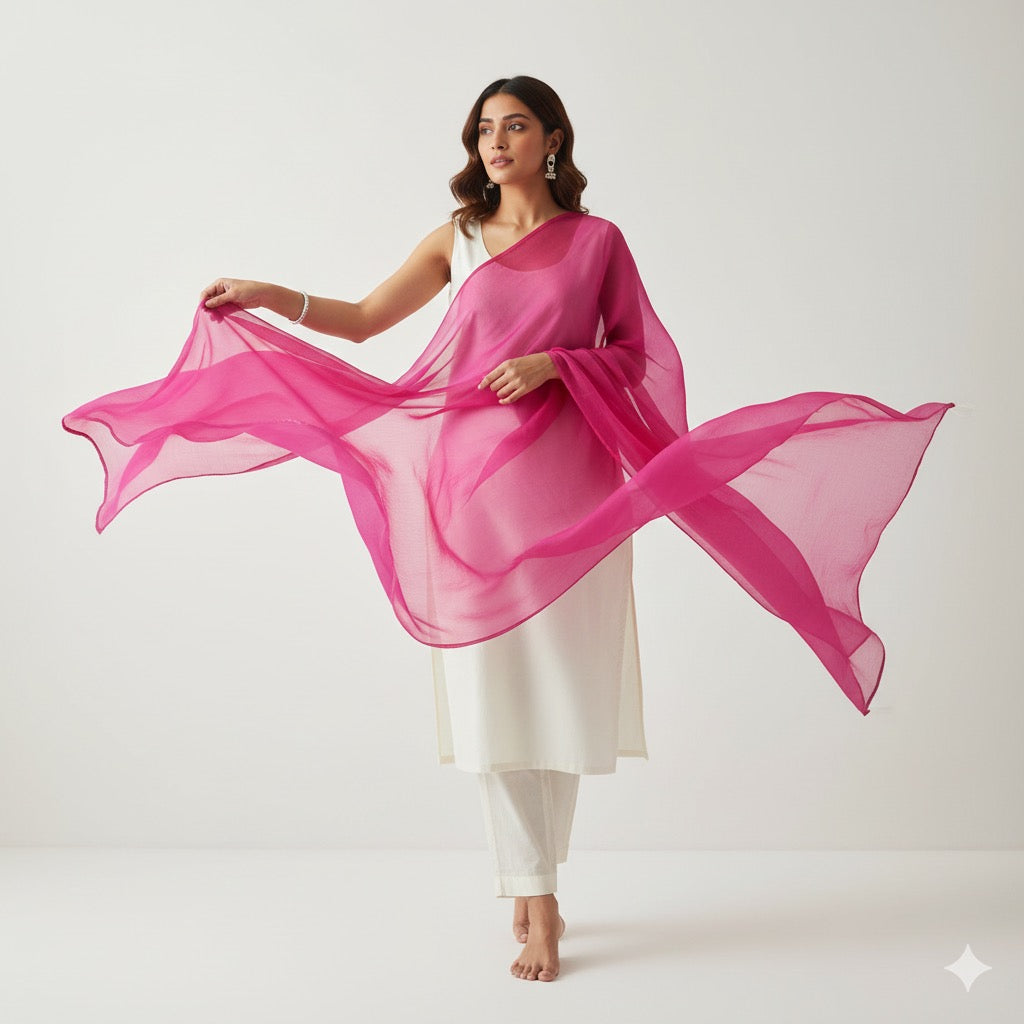 Desi Pehraav - White Kurta Set with Hot Pink Dupatta