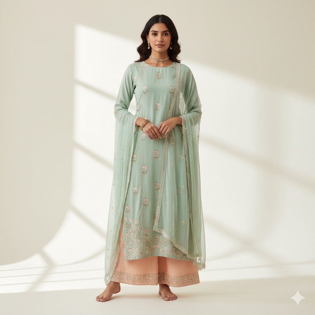 Pastel Floral Suit Set (Teal & Peach)