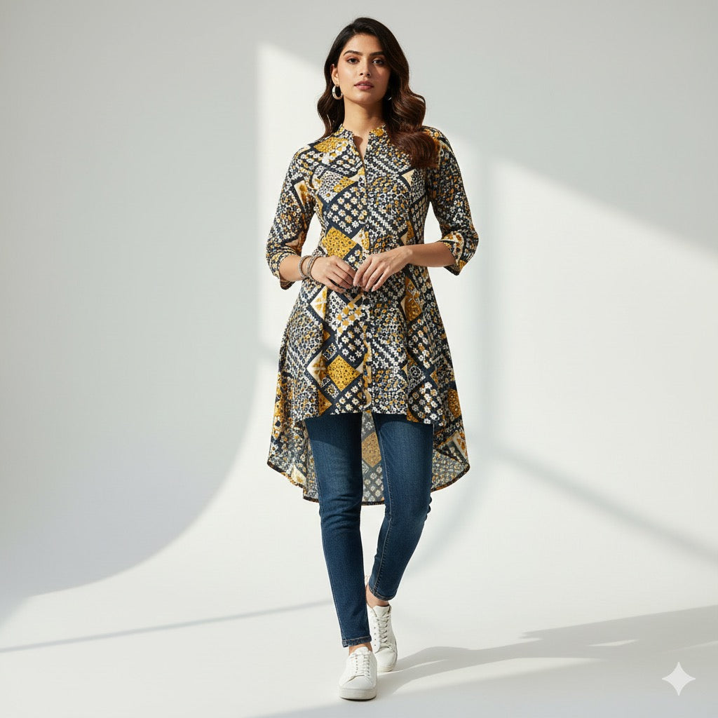Desi Pehnaav - Indigo Mustard Printed High-Low Kurti