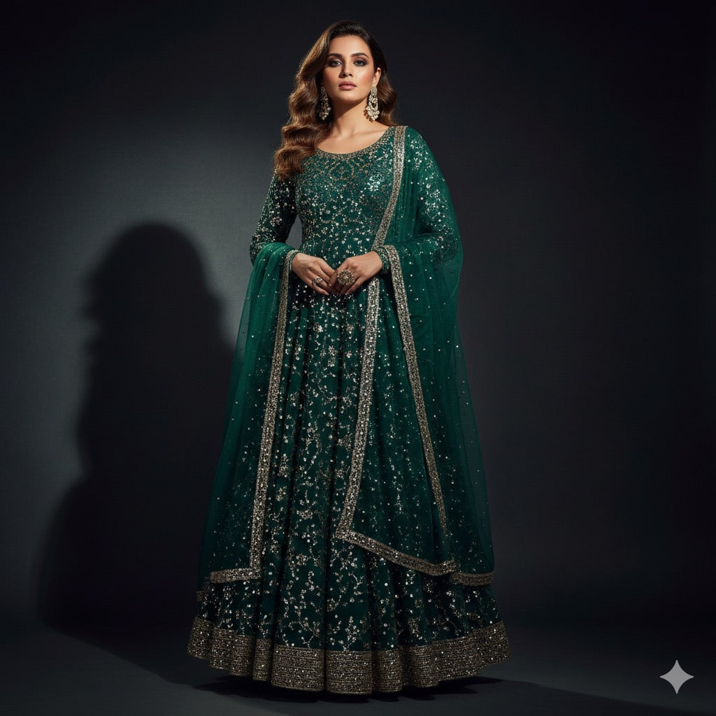Desi Pehraav - Emerald Royal Anarkali Set