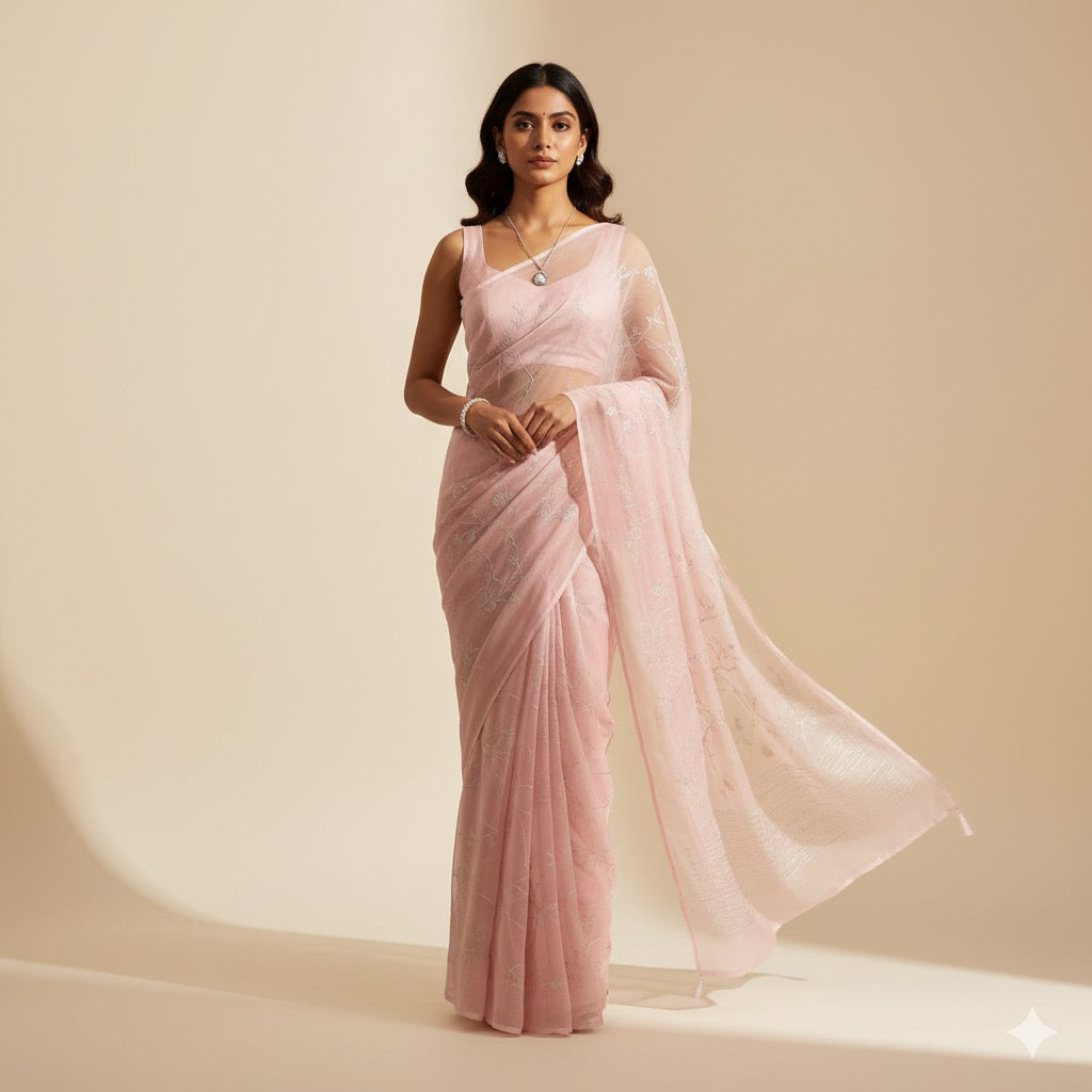 Desi Pehnaav - Blush Pink Embroidered Saree