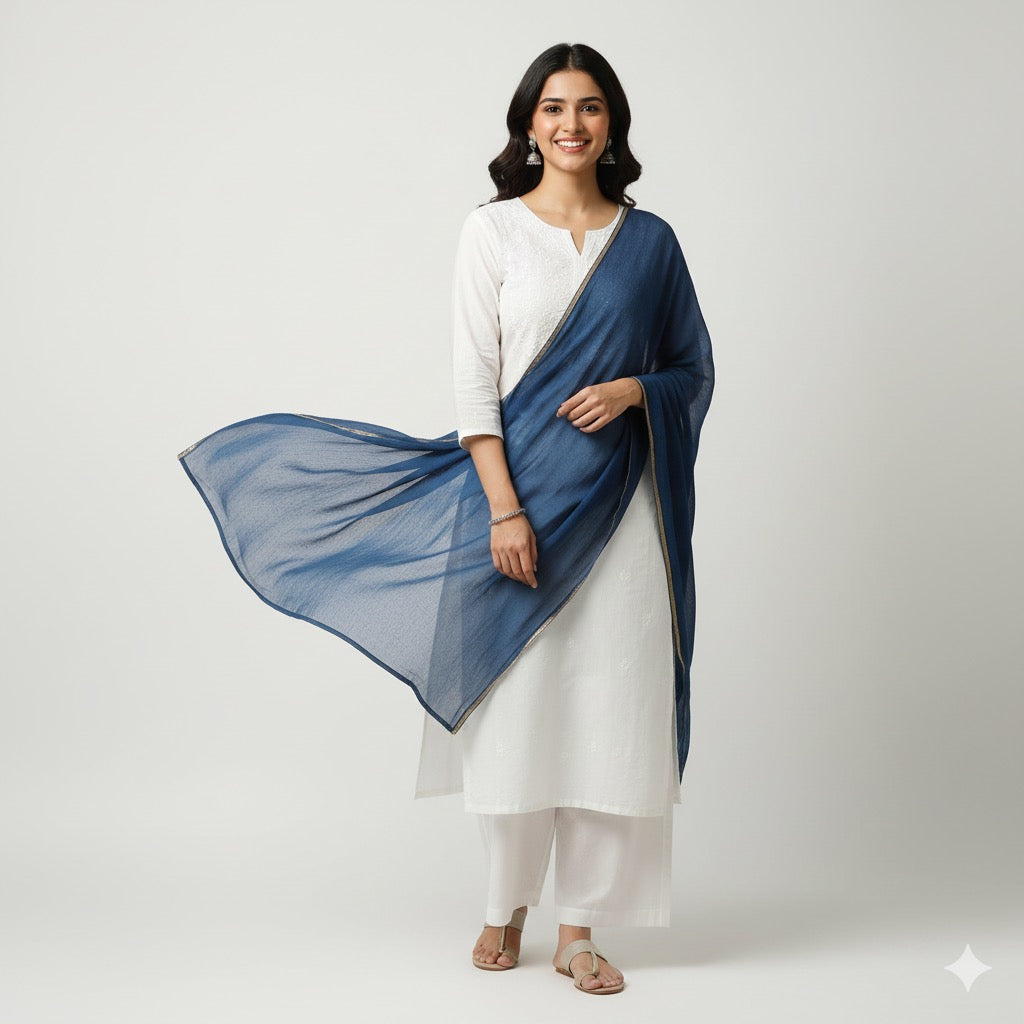 Classic White Kurta Set with Navy Blue Dupatta