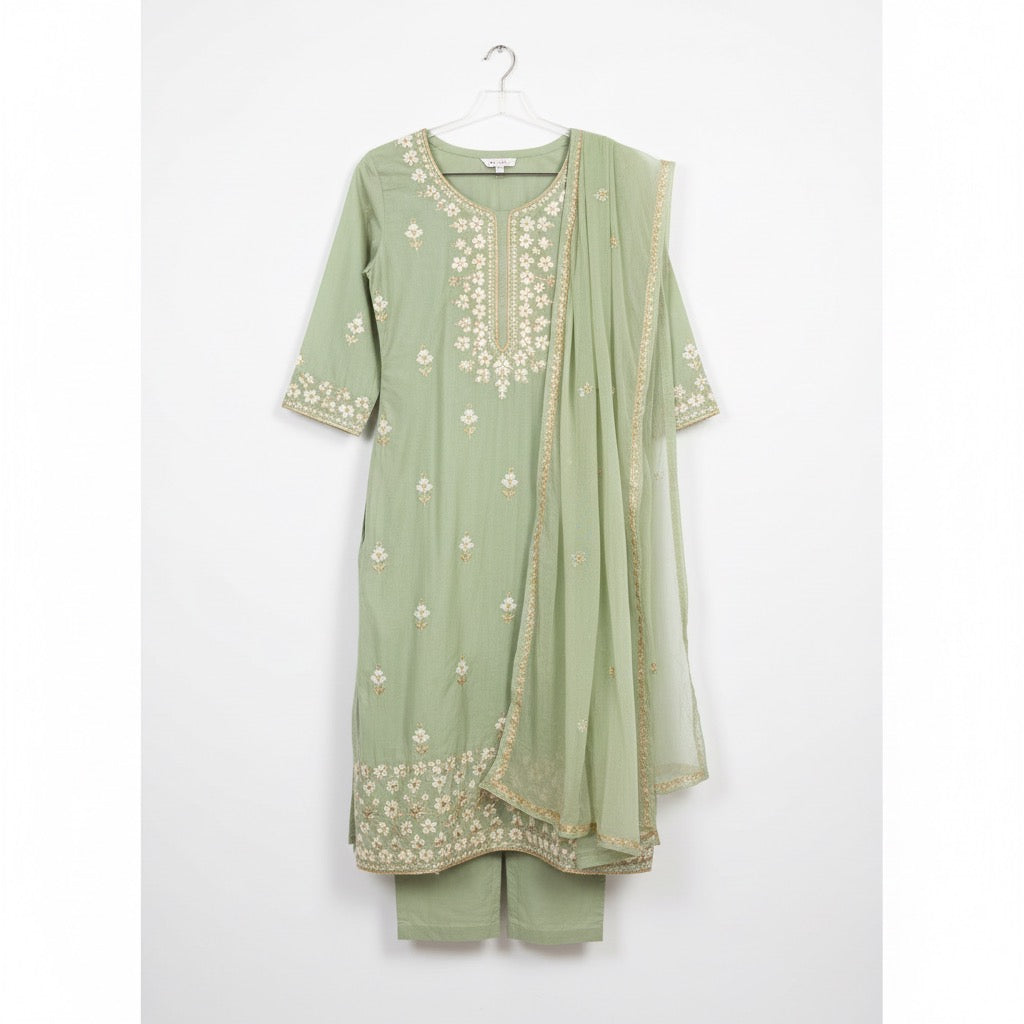 Exquisite Sage Green Embroidered Cotton Blend Kurta Set with Dupatta