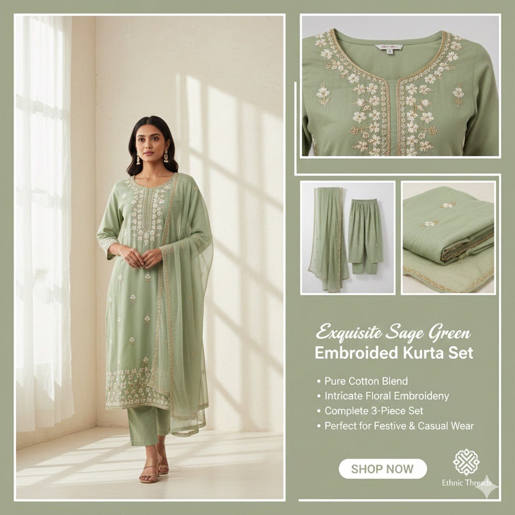 Exquisite Sage Green Embroidered Cotton Blend Kurta Set with Dupatta