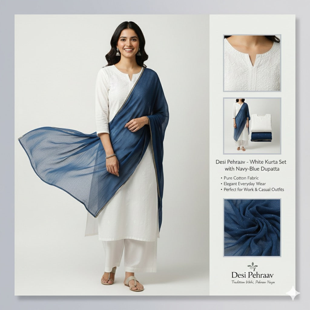 Classic White Kurta Set with Navy Blue Dupatta