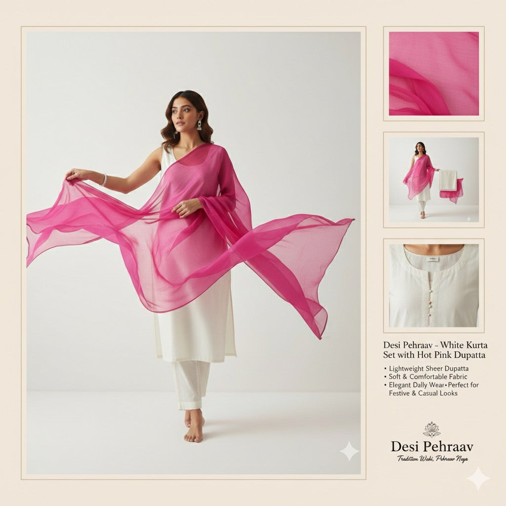Desi Pehraav - White Kurta Set with Hot Pink Dupatta
