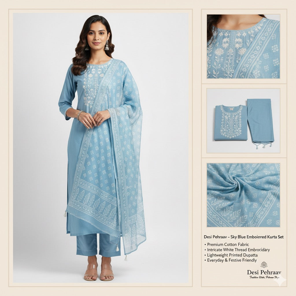 Desi Pehraav - Sky Blue Embroidered Kurta Set
