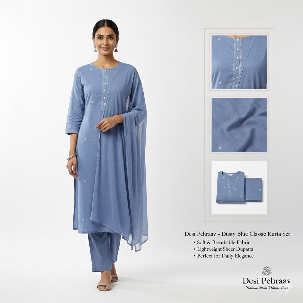 Desi Pehraav - Dusty Blue Classic Kurta Set