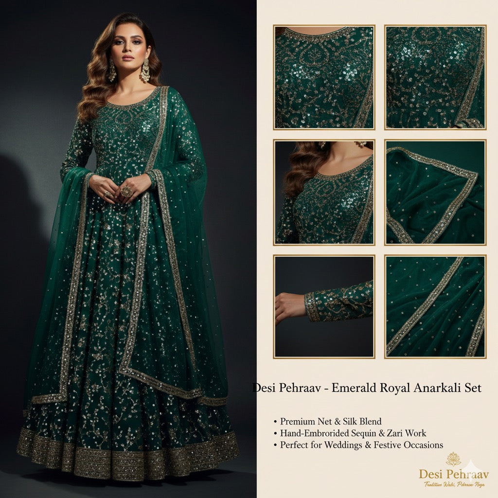 Desi Pehraav - Emerald Royal Anarkali Set
