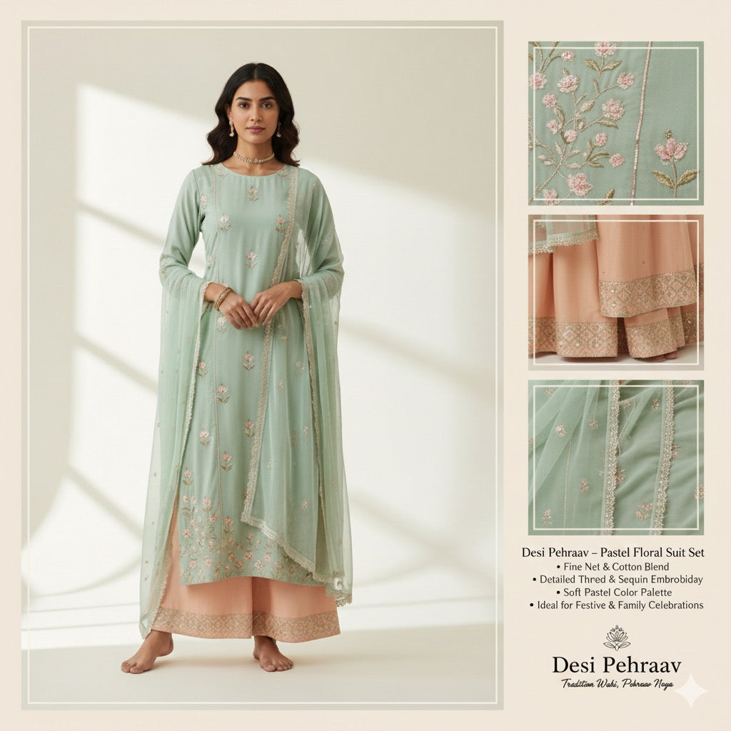 Pastel Floral Suit Set (Teal & Peach)